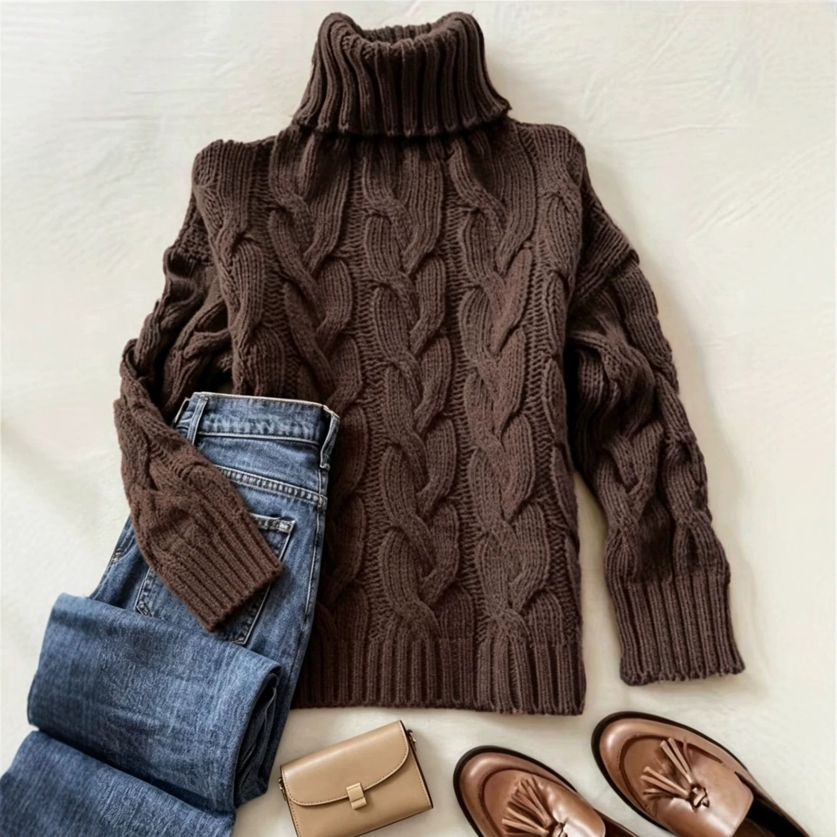 Cable-Knit Turtleneck Long-Sleeve Pullover Sweater