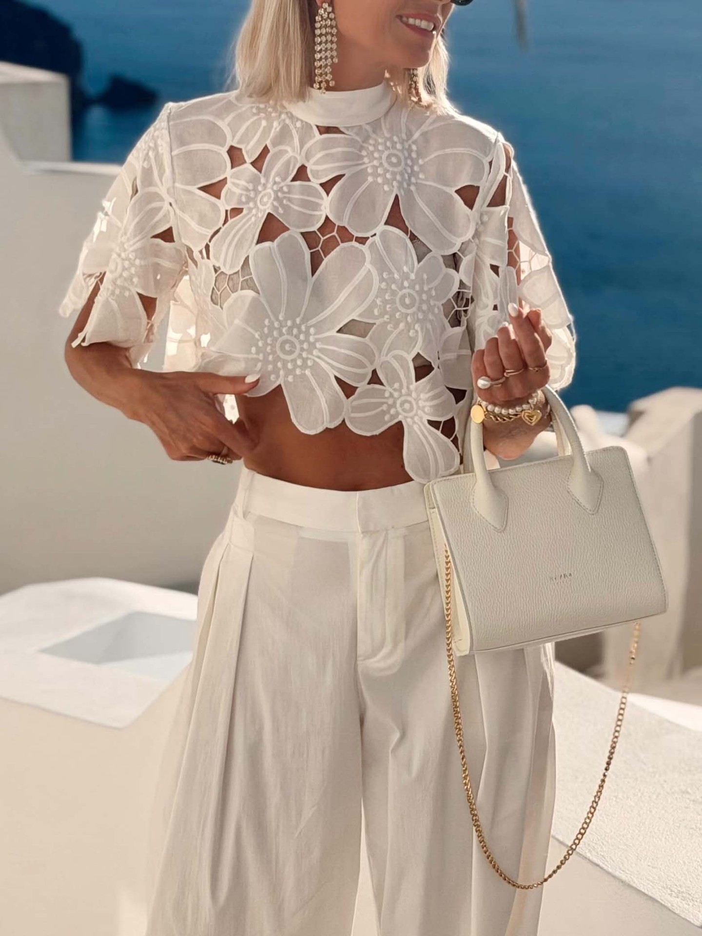 Women's Lace Hollow-Out Top and Wide-Leg Pants Set