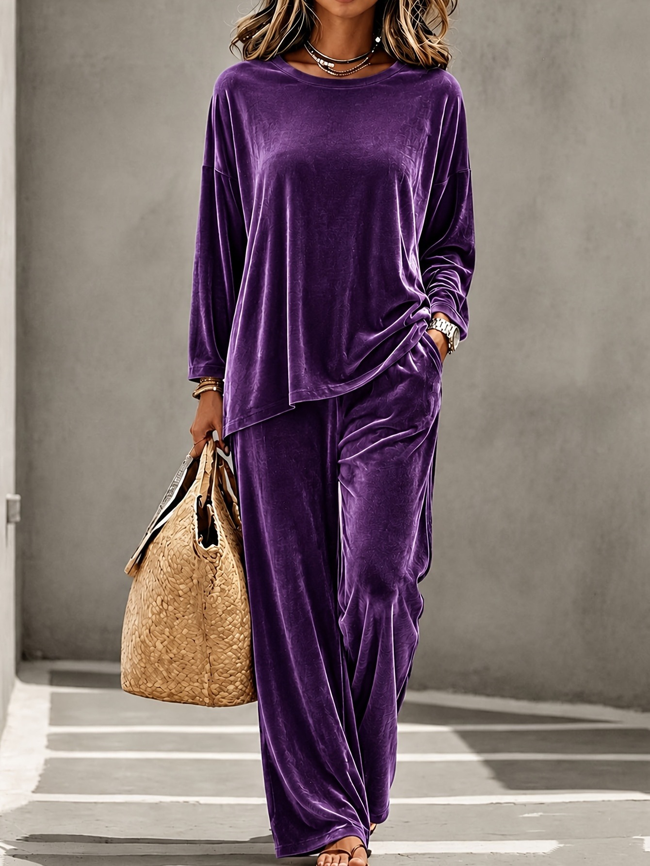 Women's Velvet Long Sleeve Crewneck Top and Pants Set