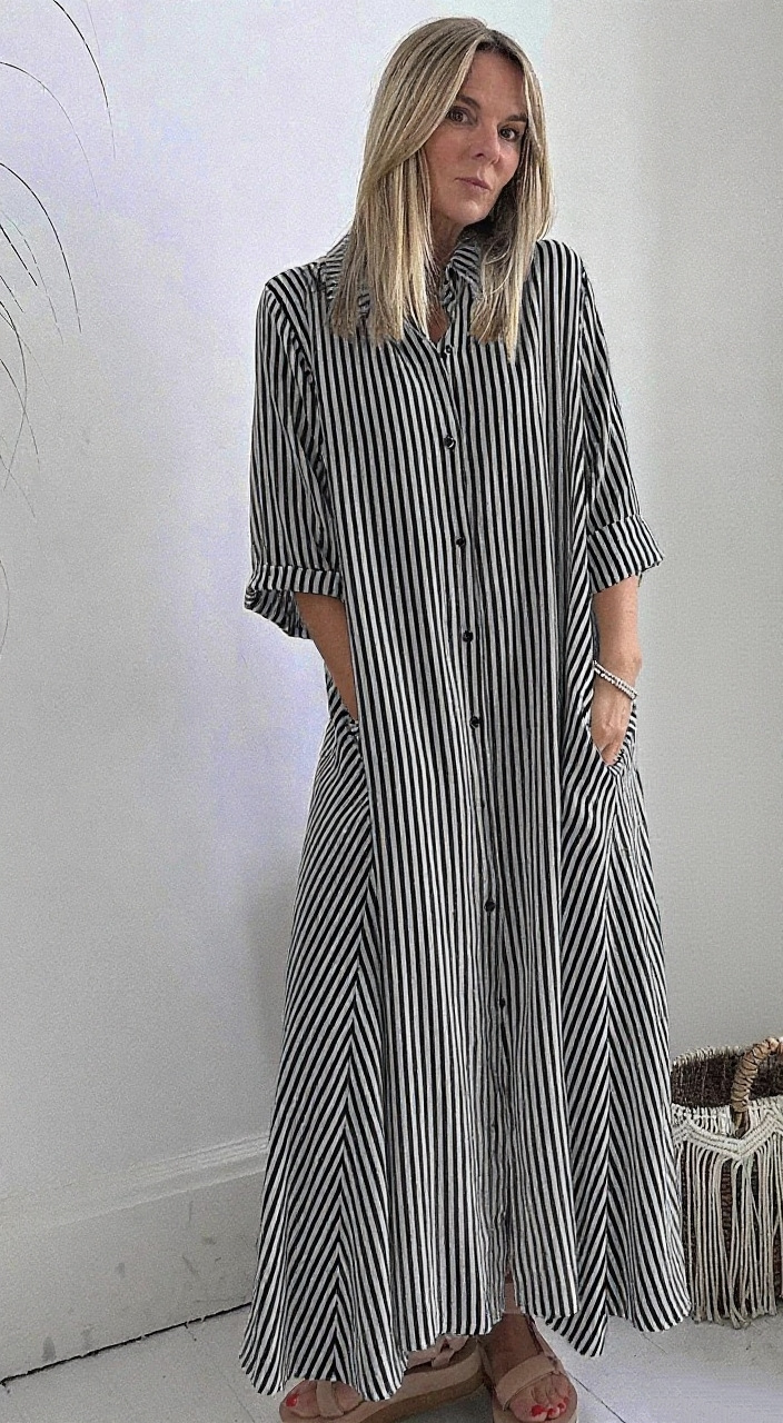 Striped Collared Midi Dress with Three-Quarter Sleeves and Button Front