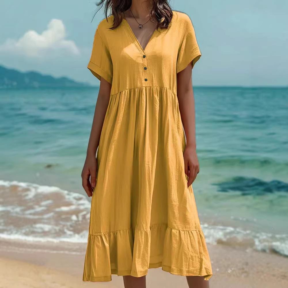 V-Neck Three-Button Short Sleeve High Waist Ruffle Midi Dress