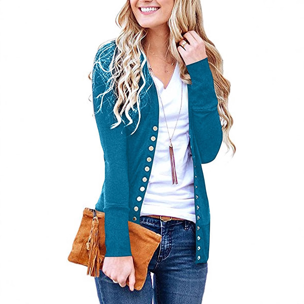 Women's Short Solid V-Neck Long-Sleeve Button Cardigan