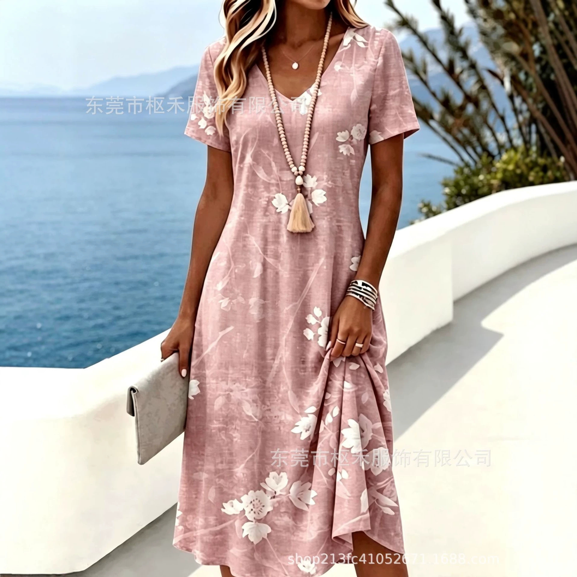 Women's Vintage Blue Print V-Neck Short Sleeve Midi Dress