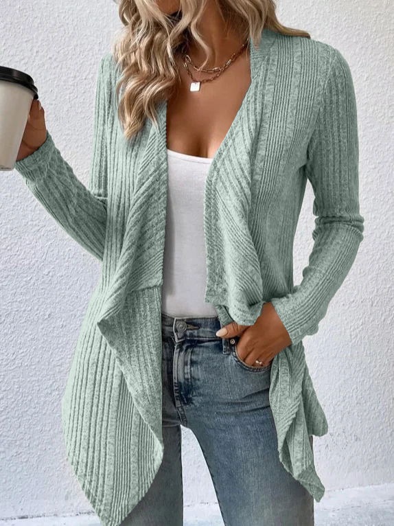 V-Neck Ribbed Knit Cardigan with Asymmetrical Hem