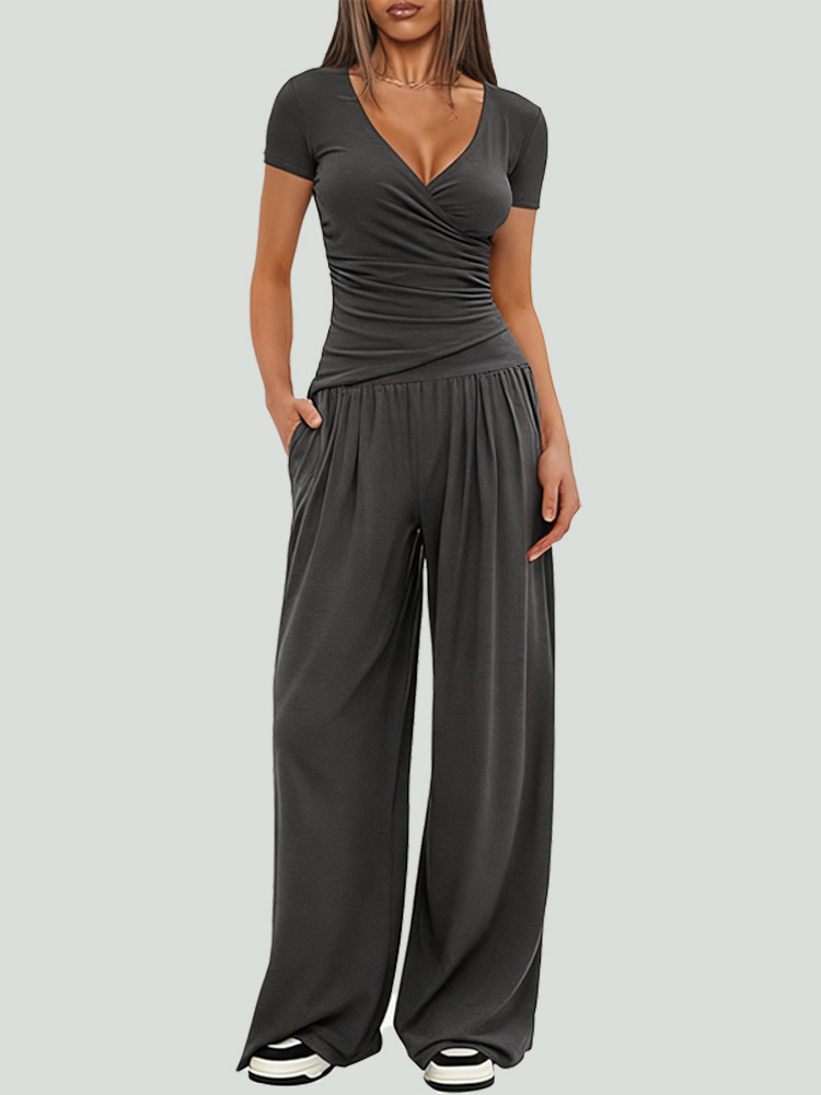 Women's Wide-Leg Pants Set Long Sleeve Solid Color Two-Piece Outfit