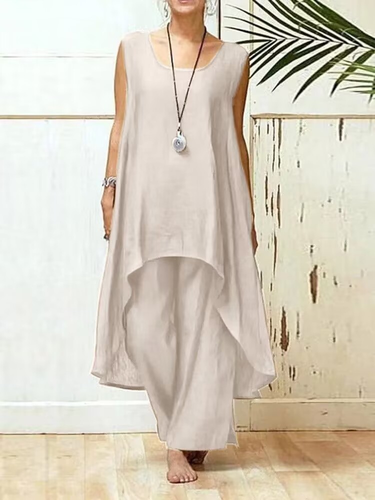 Women's Cotton-Linen Sleeveless Two-Piece Wide-Leg Pants Set