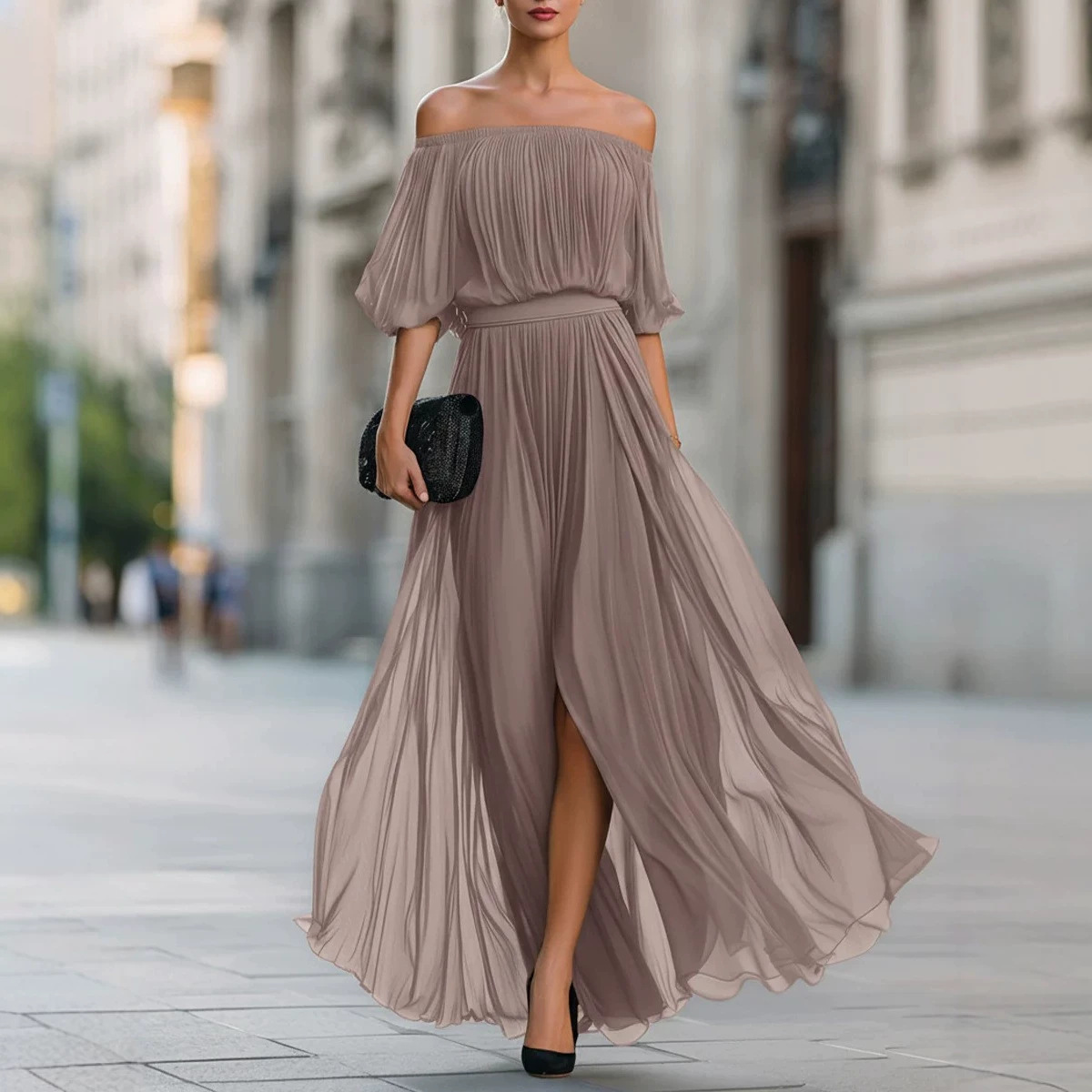Women's Off-Shoulder Chiffon Maxi Dress Solid Color Waist-Cinched