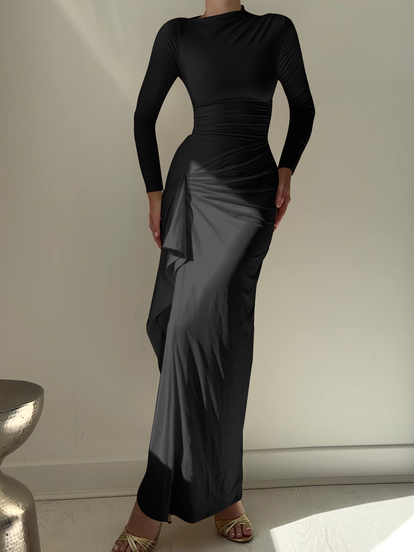 Solid Crew Neck Slit Bodycon Long Dress