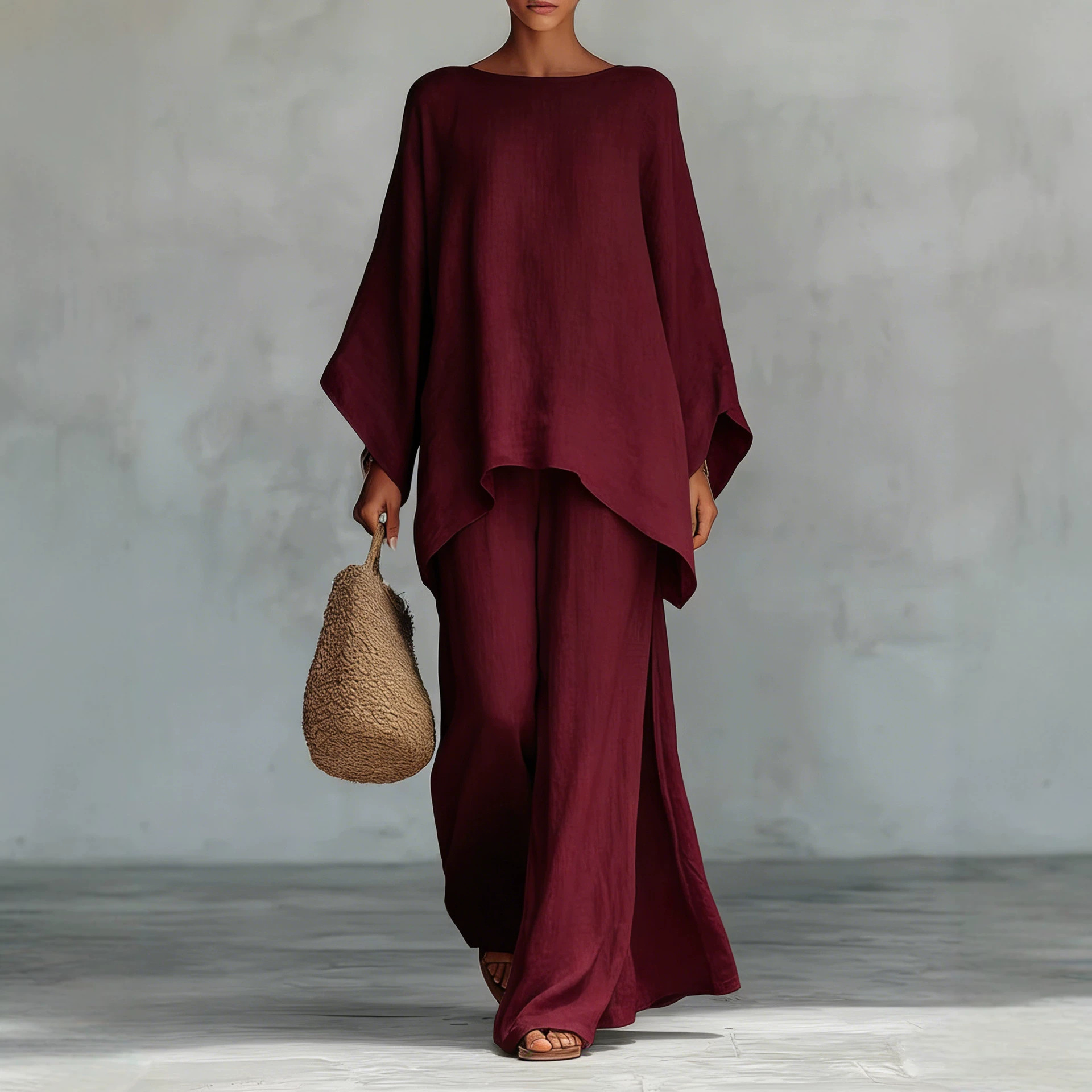 Women's Linen-Blend Shirt & Wide-Leg Pants Casual Set
