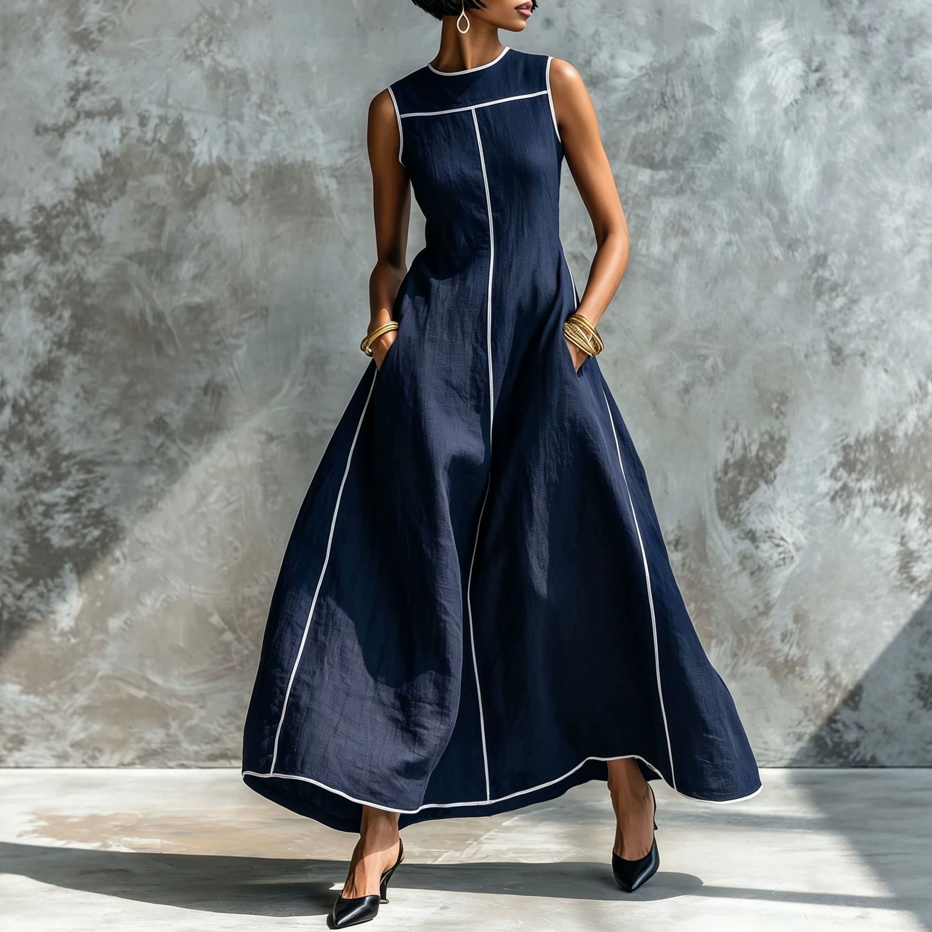 Women's Linen-Blend Sleeveless A-Line Dress with Contrast Trim