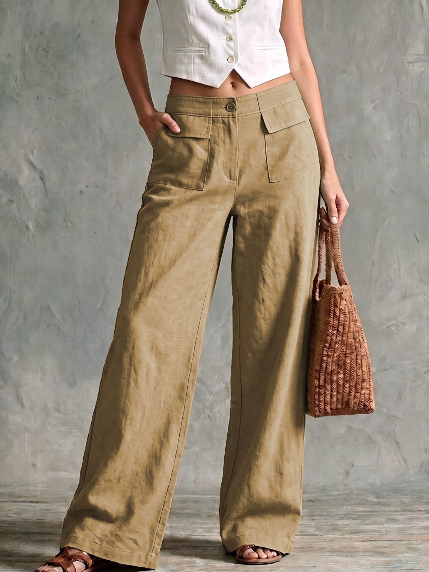 Women's Solid Color Cotton-Linen Wide-Leg Pants High Waist Loose Casual Long Pants