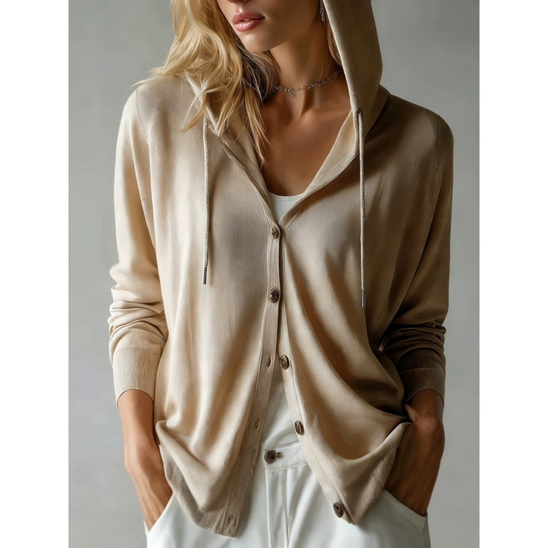 Women's Hooded Knit Cardigan Solid Color Long Sleeve Lightweight Loose Fit