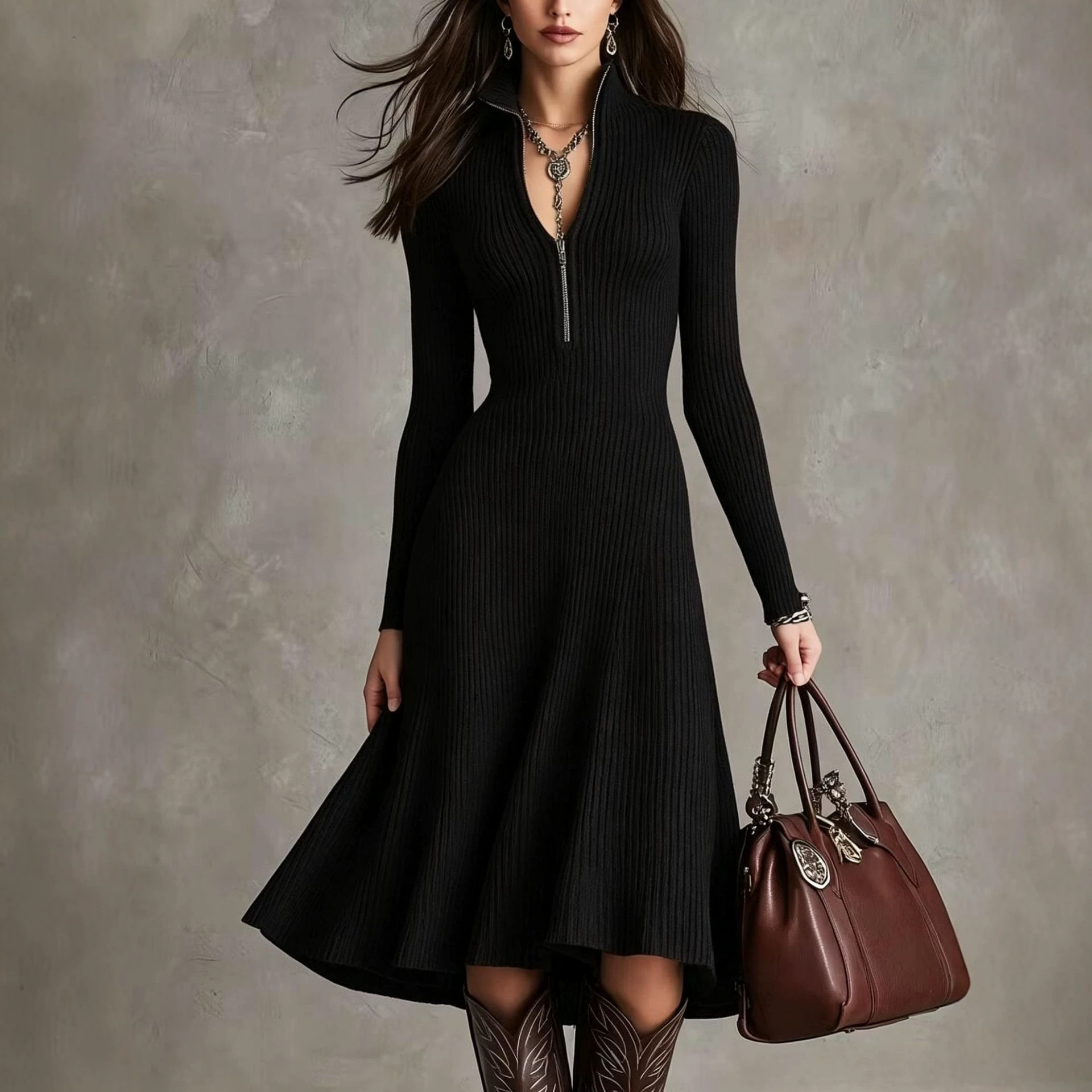 Women's Midi Dress with Zip Stand Collar Slim Fit Elegant