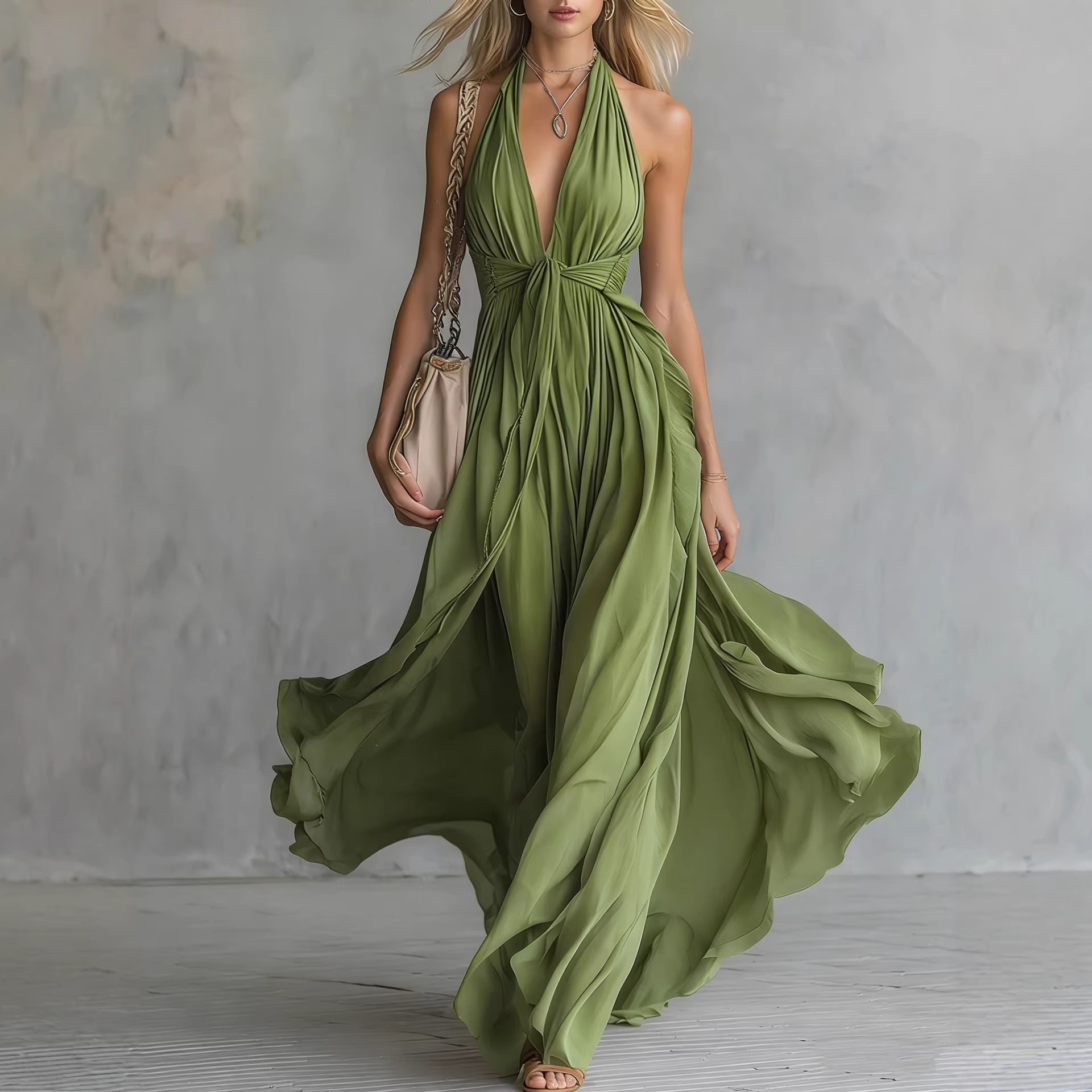 Women's Sexy Solid V-Neck Sleeveless High-Waist Midi Dress Vacation Style