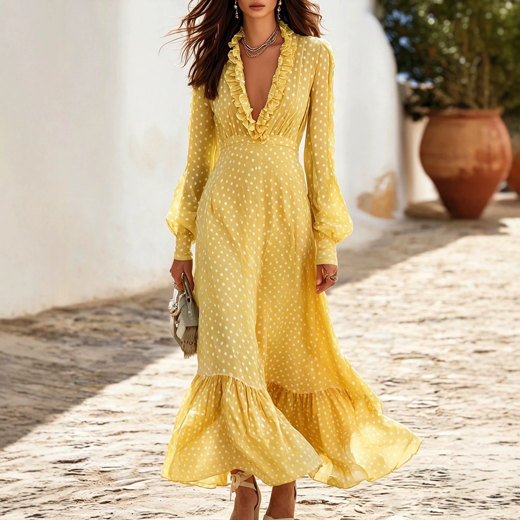 Polka Dot Deep V Ruffle Long Sleeve Long Dress