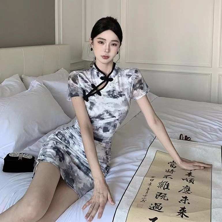 Floral Print High-Waist A-Line Cheongsam Dress