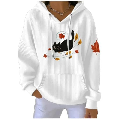 Women's Cat & Maple Leaf Print Casual Hoodie