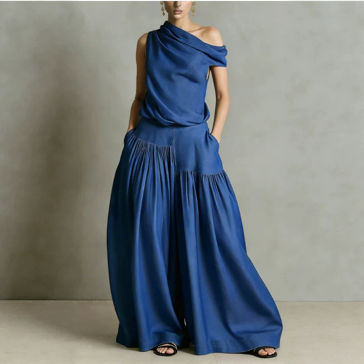 Sleeveless High-Waist Pleated Linen-Blend Skirt Set