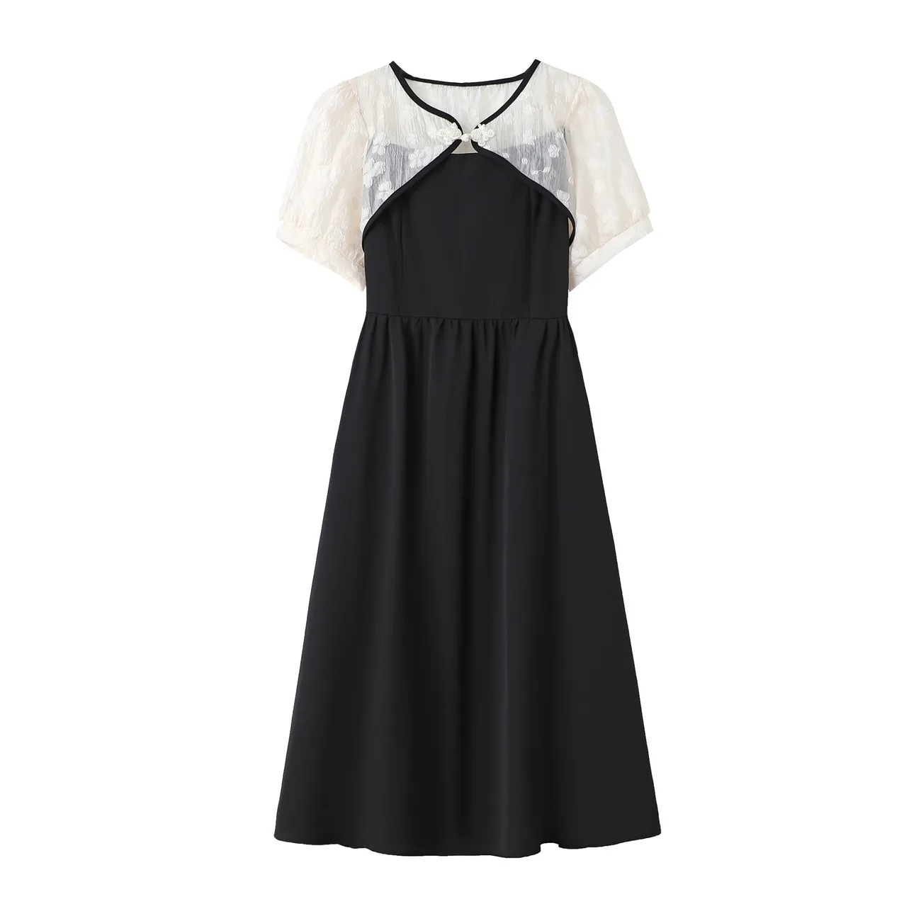 Plus Size Women's Tie-Front A-Line Midi Dress New Chinese Style V-Neck Short Sleeve Black