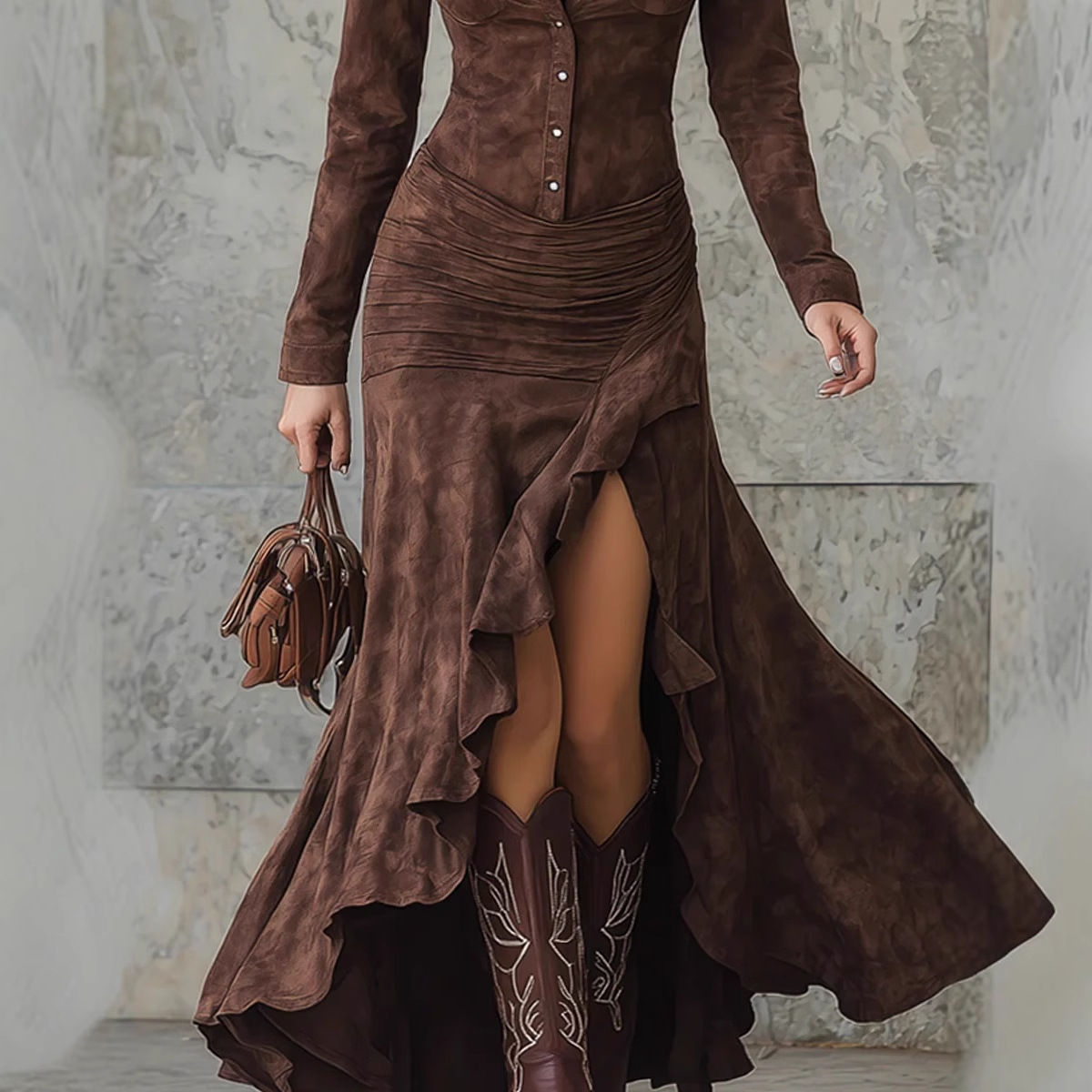 Elegant Zip-Front Collared Long Dress with Pockets
