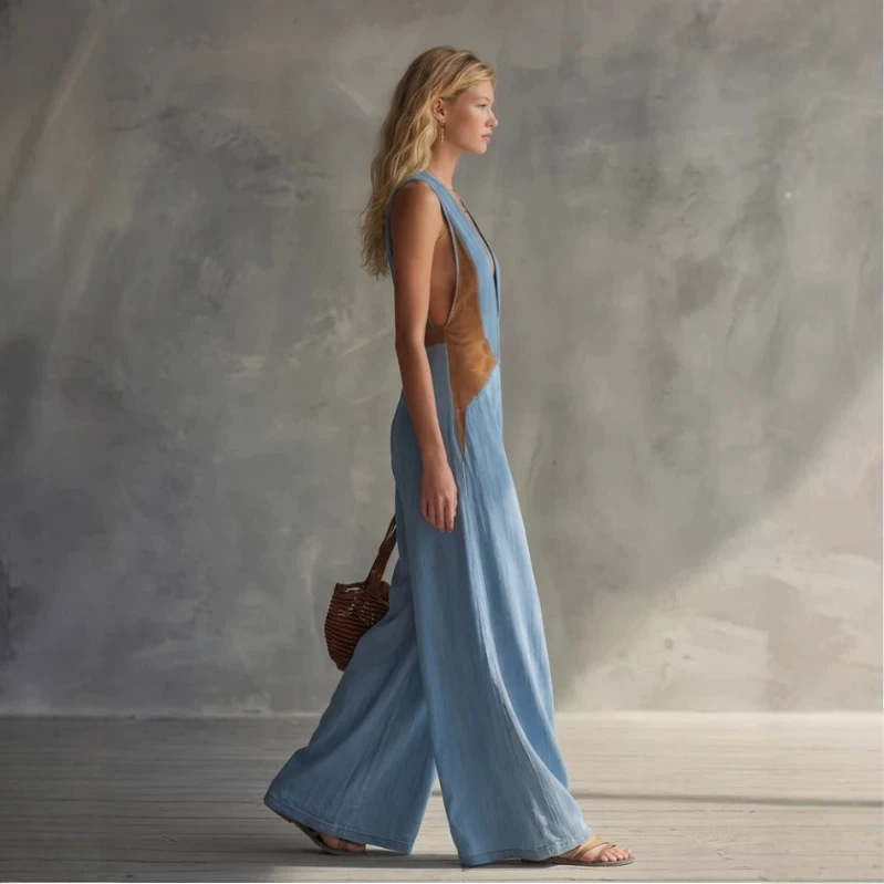 Deep V-Neck Denim Jumpsuit