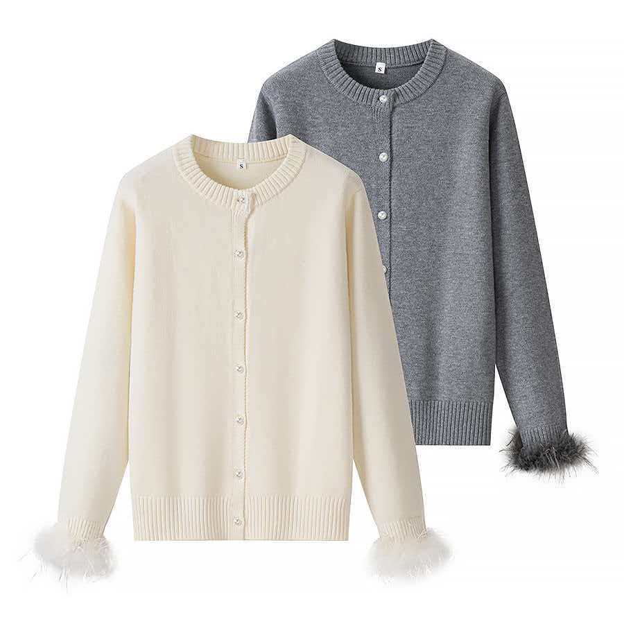 Feather-Trim Knit Cardigan