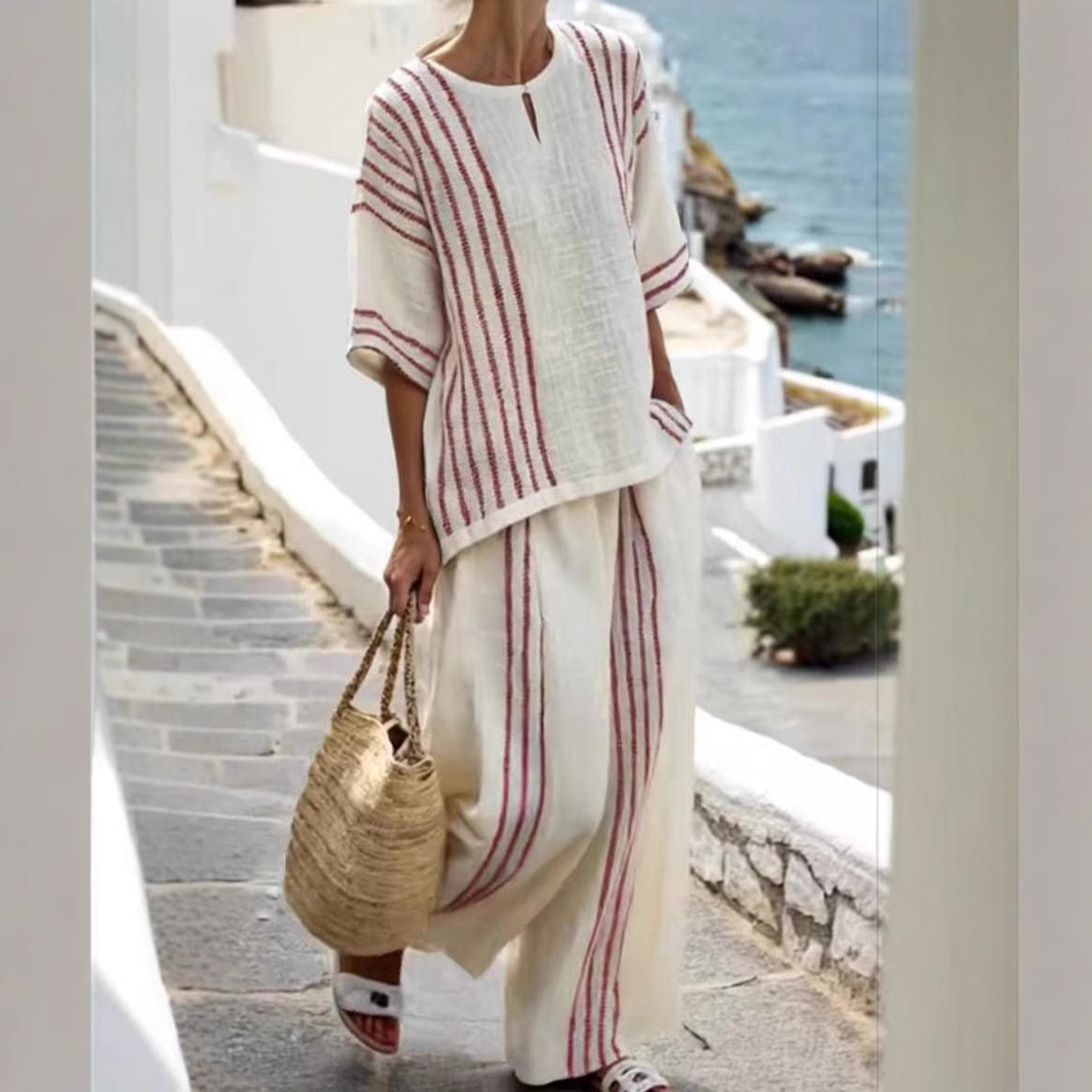 Striped Short Sleeve Top and Pants 2-Piece Set