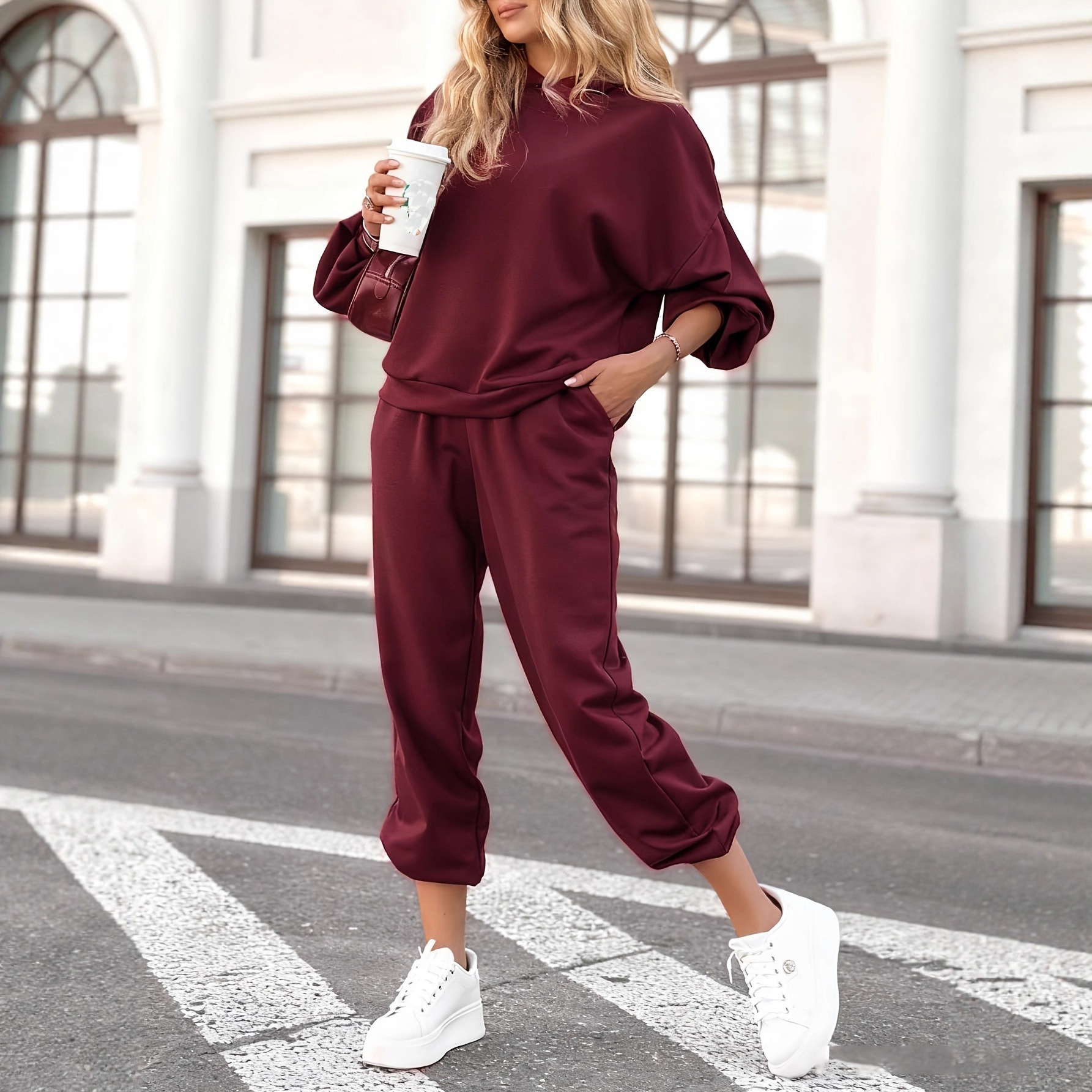 Women's Solid Color Crewneck Long Sleeve Sweatshirt and Pants Set Casual Streetwear
