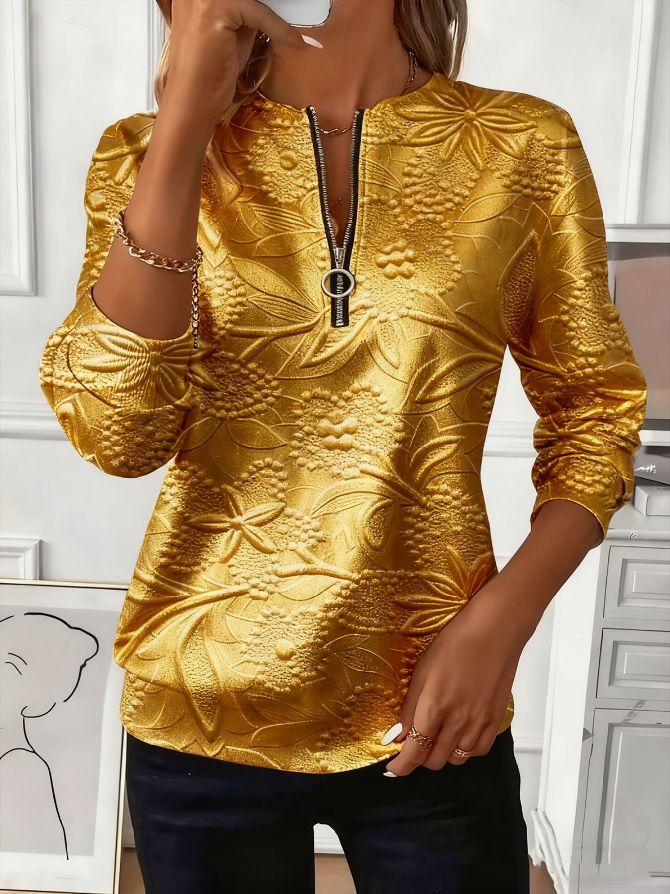 Retro Leaf Floral Print Half-Zip Hoodie for Women
