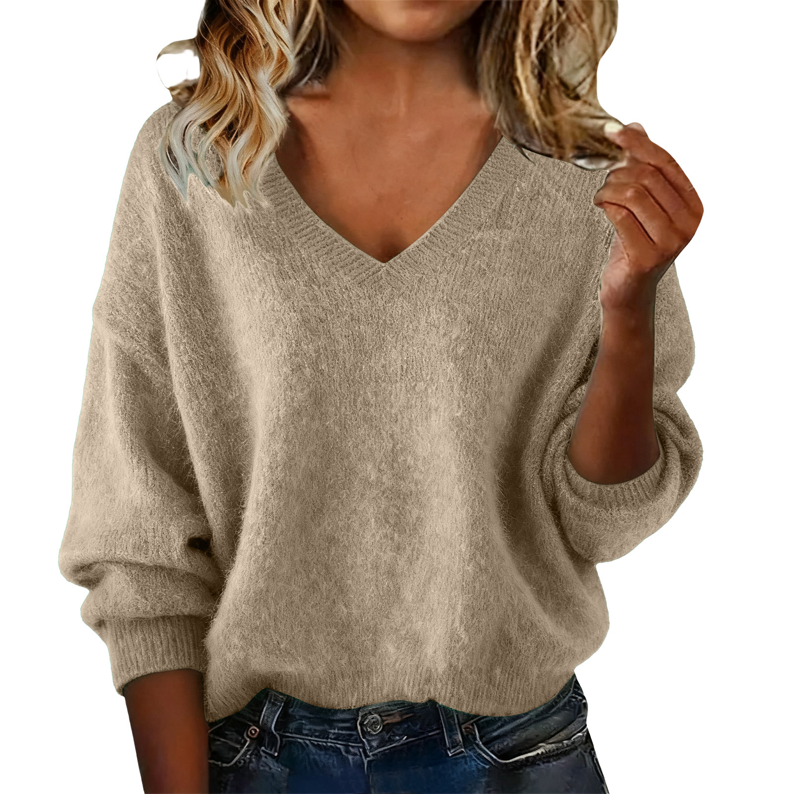 Women's Loose Knit V-Neck Sweater Solid Color Long Sleeve Pullover