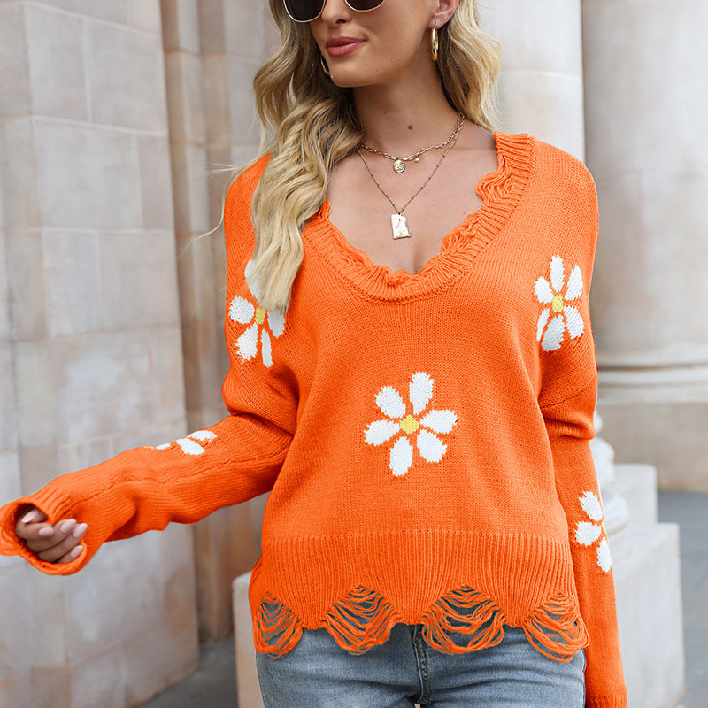 Distressed Floral V-Neck Long-Sleeve Loose Knit Sweater
