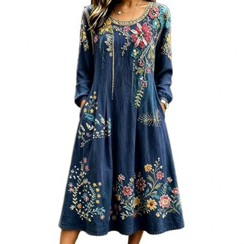 Women's Bohemian Floral Print Pleated Long Sleeve Midi Dress