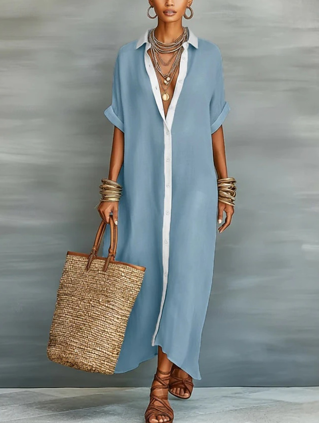Women's Color Block Midi Shirt Dress Short Sleeve Casual