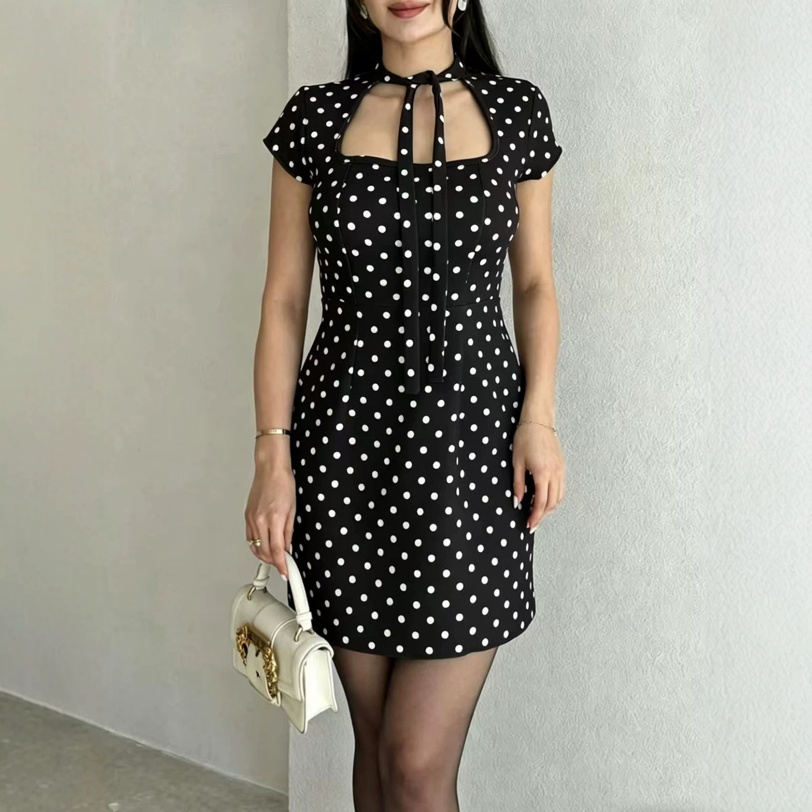 Elegant French Polka Dot Tie-Neck Slim-Fit Short Dress