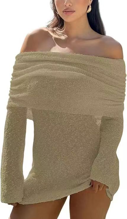 Sheer Knit Off-Shoulder Long-Sleeve Mini Bodycon Dress