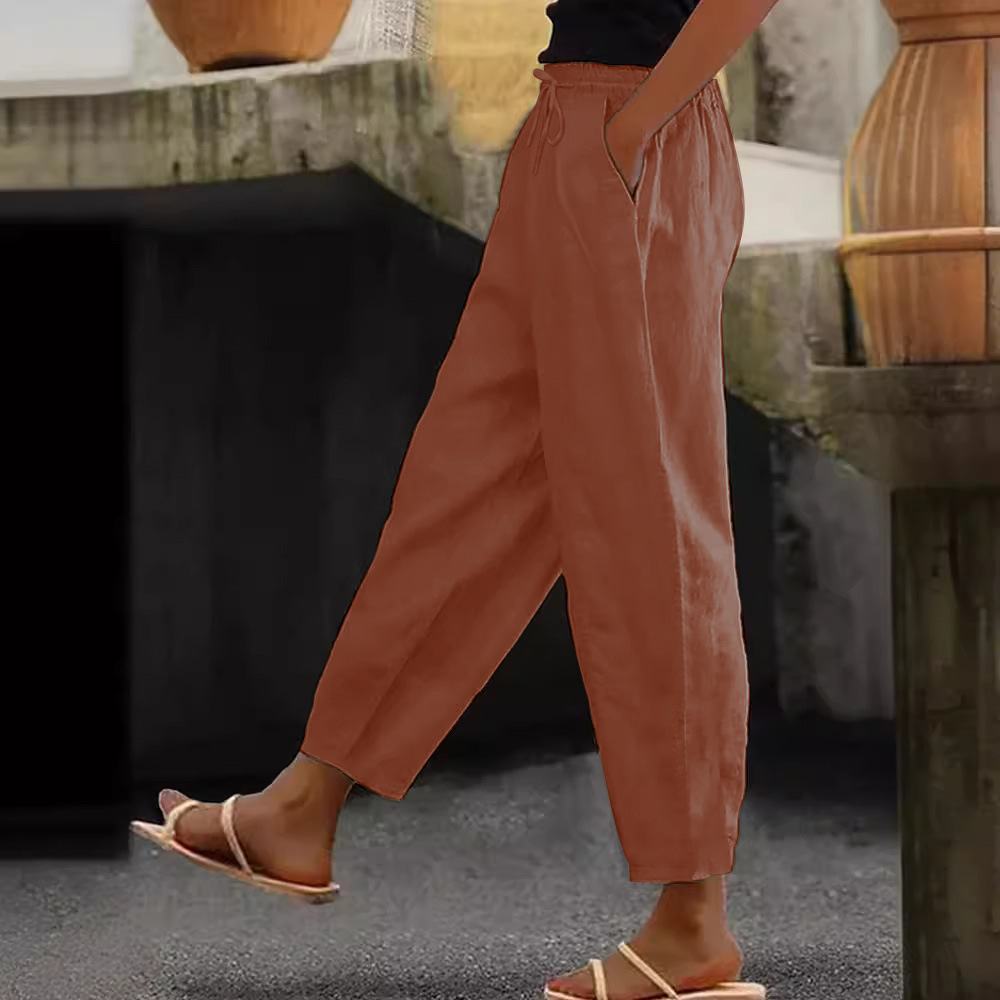 Women's Cotton-Linen Blend Solid Color Casual Pants with Side Pockets and Drawstring