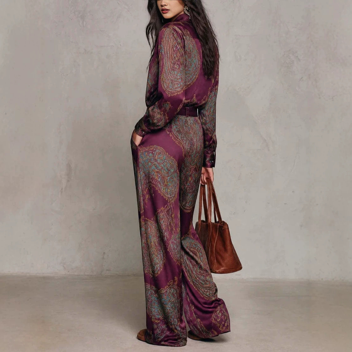 Paisley Print Long Sleeve Shirt and Wide Leg Pants Set