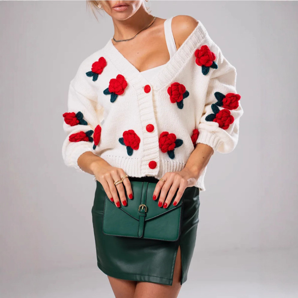 Red 3D Floral Cardigan Sweater Women's Cropped Loose Knit Top