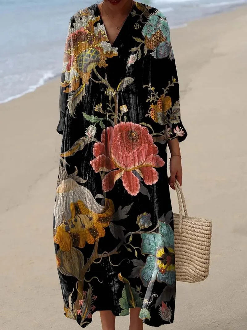 Women's Floral 3D Print Long Sleeve Shirt Dress