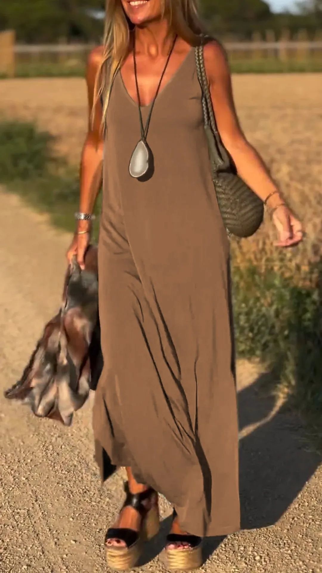 V-Neck Sleeveless Knit Maxi Dress Casual Slim Fit