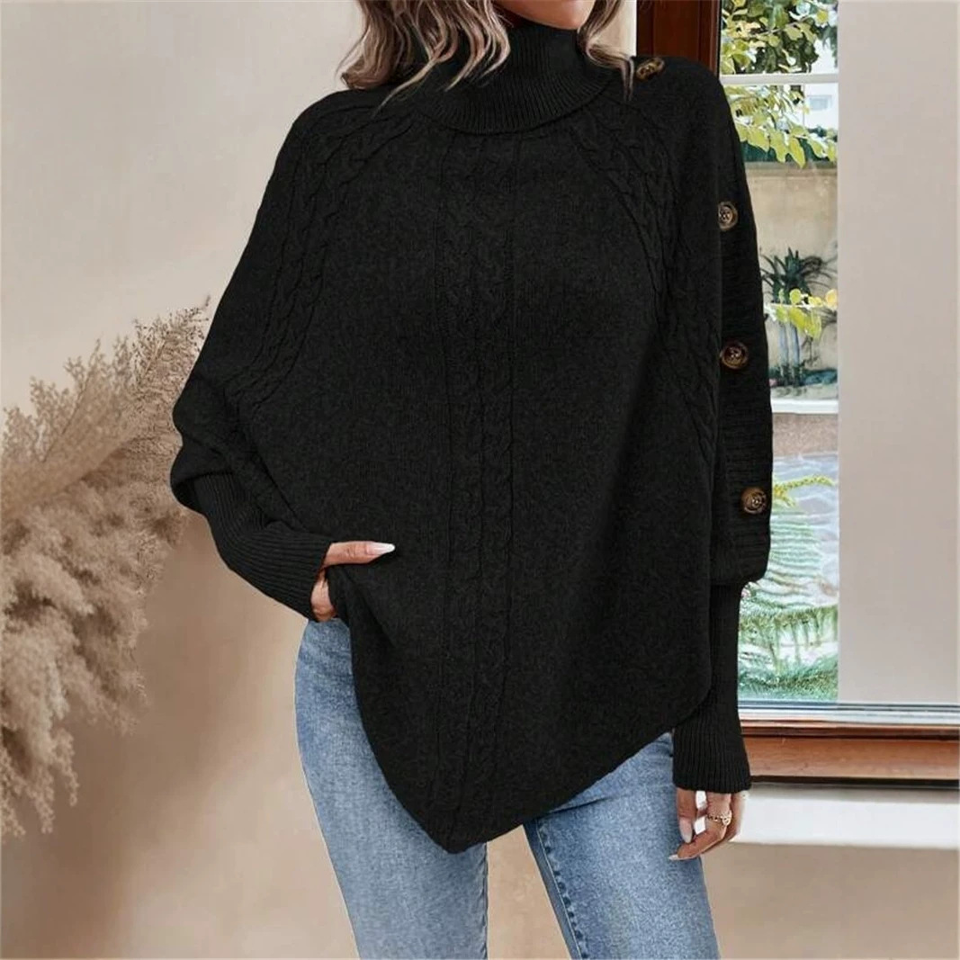 Cable-Knit Turtleneck Button-Trim Batwing Sweater