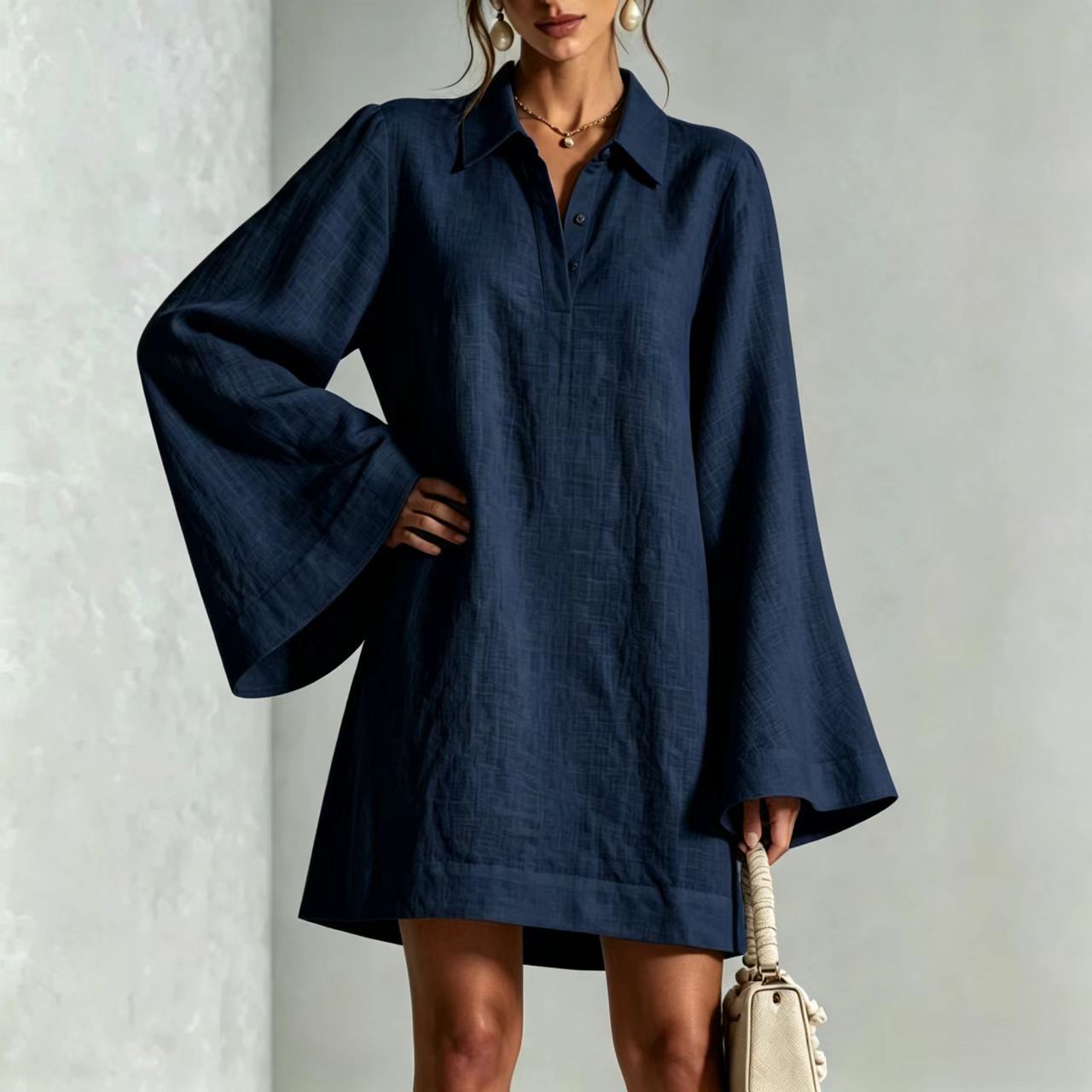Women's Solid Color Flare Sleeve Dress with Lapel Collar, Loose Casual Midi