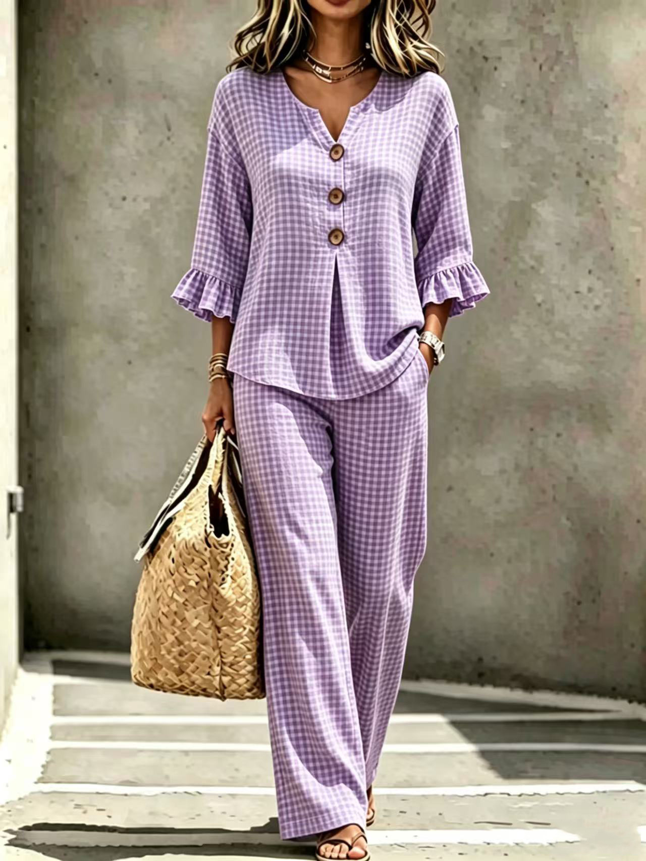 Women's Plaid V-Neck Ruffle Button Top & Pants Set