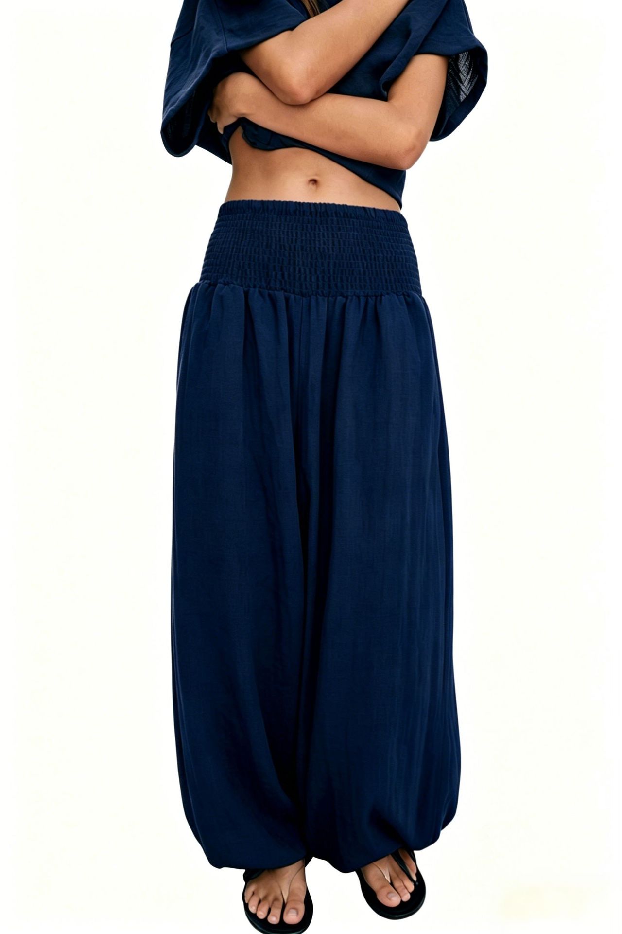 2026 Amazon New Hot-Seller Cross-Border Women's High-Waist Smocked Solid Color Cotton-Linen Fashion Casual Lantern Pants Wide-Leg Women