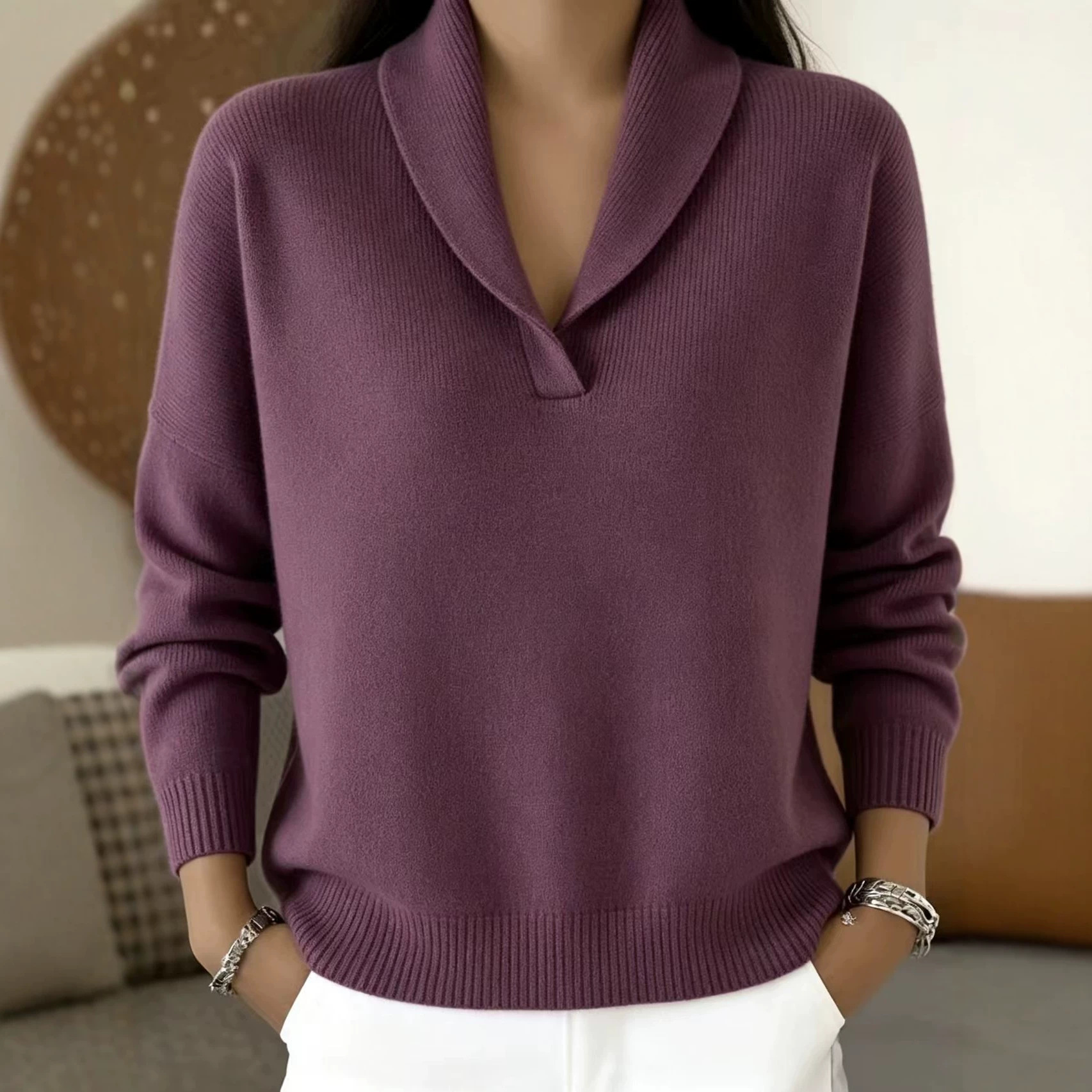V-Neck Long-Sleeve Pullover Sweater Solid Color