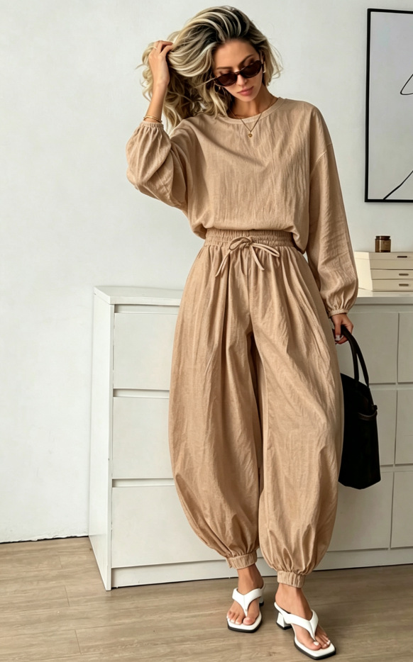 Women's Solid Color Round Neck Loose Sleeve Top and Wide-Leg Pants Two-Piece Set