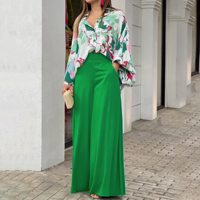 Women's Printed Shirt & Wide-Leg Pants Casual Set