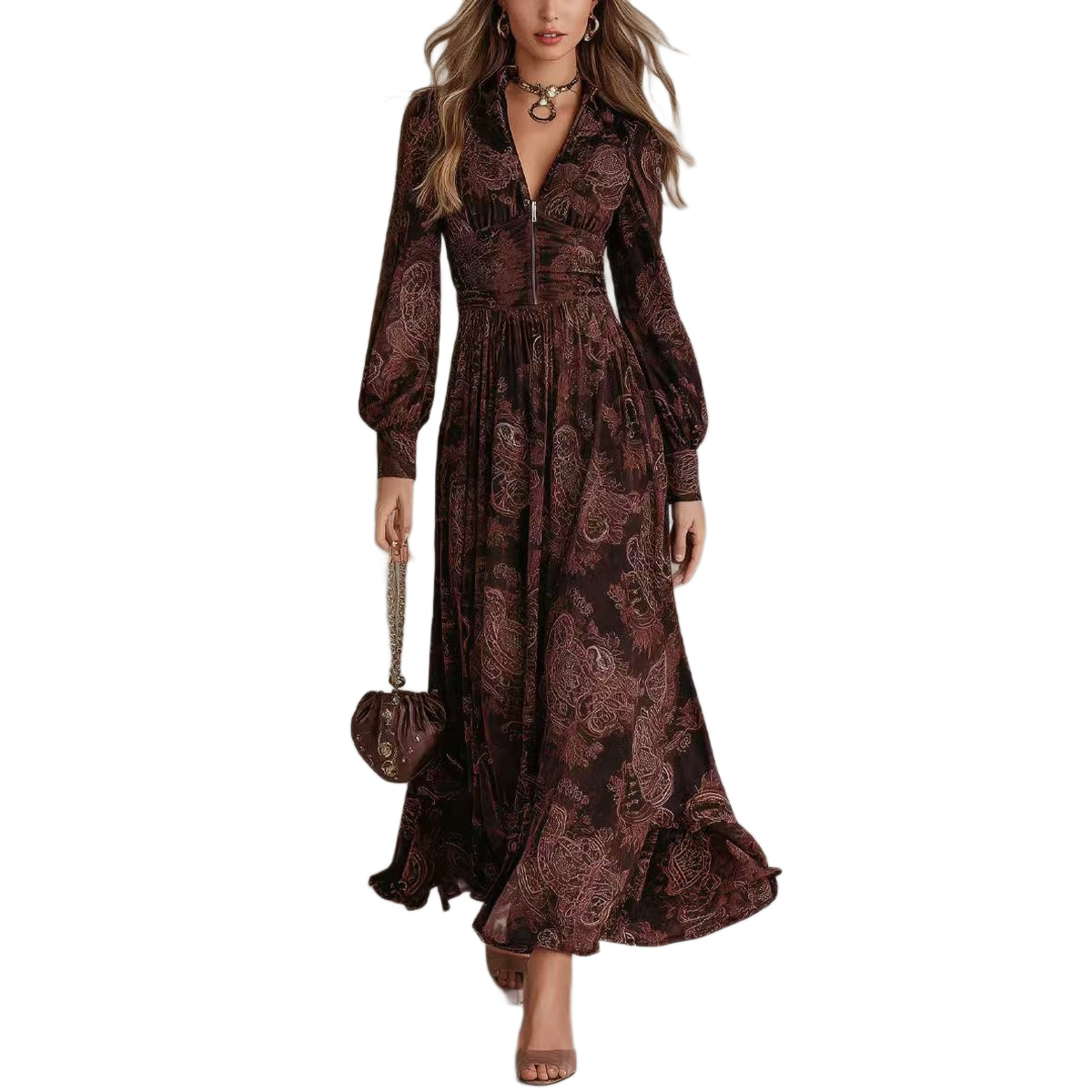 Retro Floral Print Long Sleeve V-Neck Cinched Waist Bubble Sleeve Long Dress