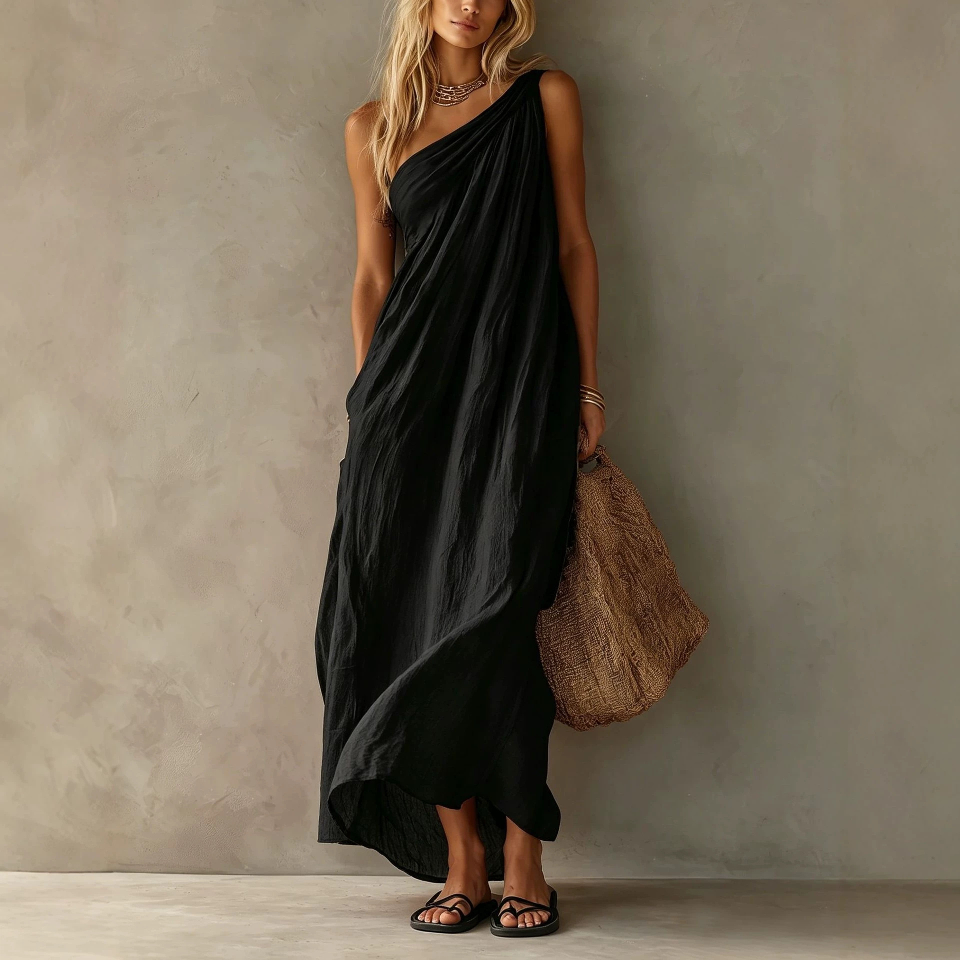 2026 Amazon Cross-Border Women's One-Shoulder Ruched Dress Loose Slimming Solid Color Beach Vacation Long Dress