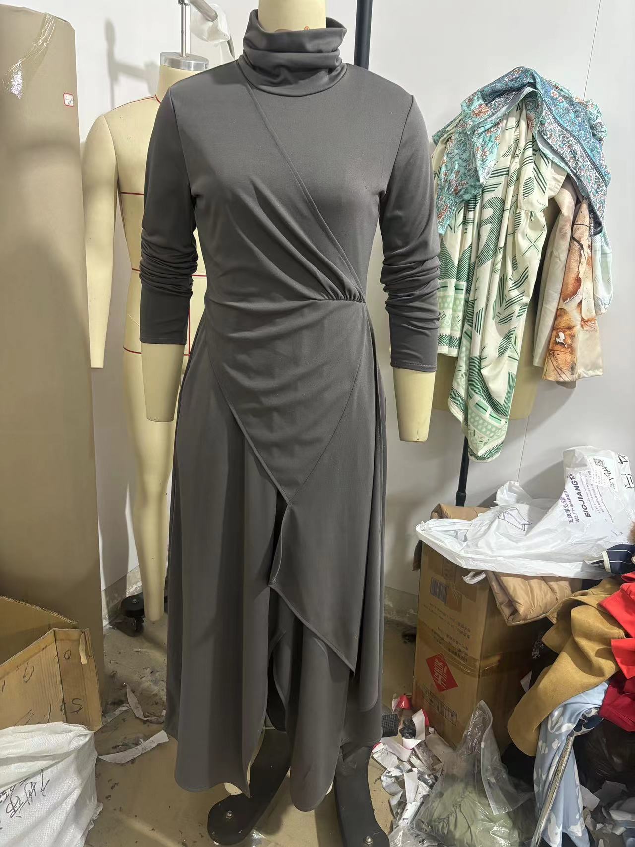 Women's Long Sleeve Cross Front High Neck A-Line Maxi Dress
